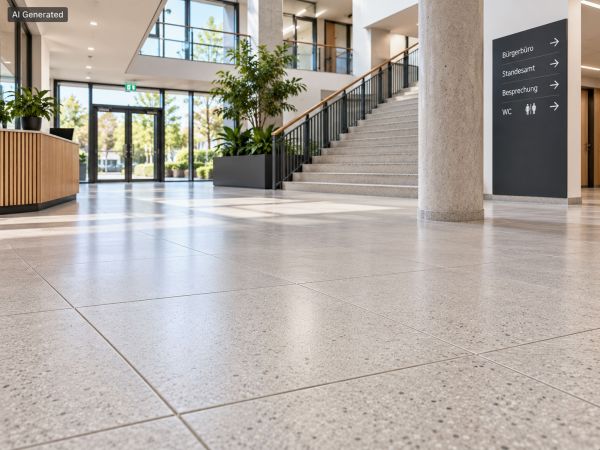 Heller Eingangsbereich eines öffentlichen Verwaltungsgebäudes mit keramischen Bodenplatten, Treppe und Wegweisern zum Bürgerbüro.