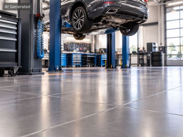 Kfz-Werkstatt mit einem Fahrzeug auf einer Hebebühne, grauem keramischem Fliesenboden und Werkstattausstattung.