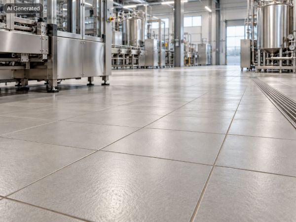 Helle Produktionshalle mit grauem keramischem Industrieboden, Edelstahlmaschinen und einer Entwässerungsrinne.