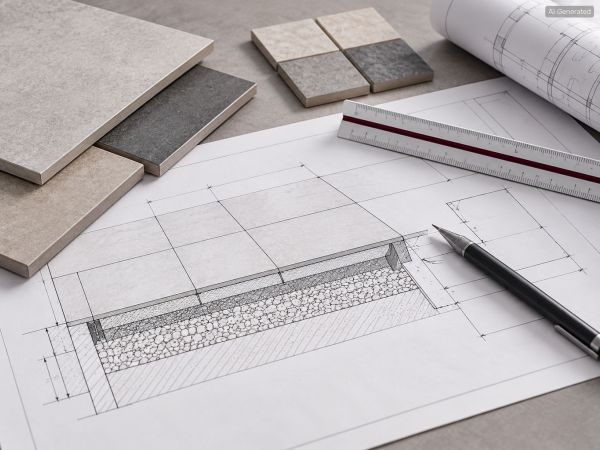 Technische Schnittzeichnung eines keramischen Bodenaufbaus mit Fliesenmustern, Maßstab und Stift zur Planung von Rüttelbelägen.