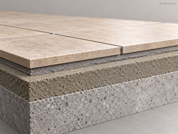 Schematischer Querschnitt eines keramischen Rüttelbodens mit Bodenplatten, Kontaktschicht, Bettungsmörtel und Betonuntergrund.