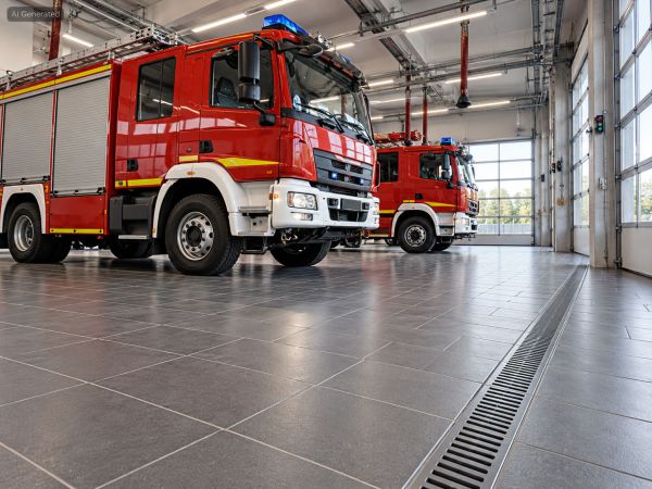 Zwei rote Feuerwehrfahrzeuge in einer Fahrzeughalle mit grauem keramischem Fliesenboden und Entwässerungsrinne.
